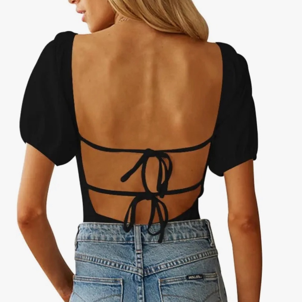 Backless Puff Sleeve Square Neck Tie Back Bodysuit Top size large